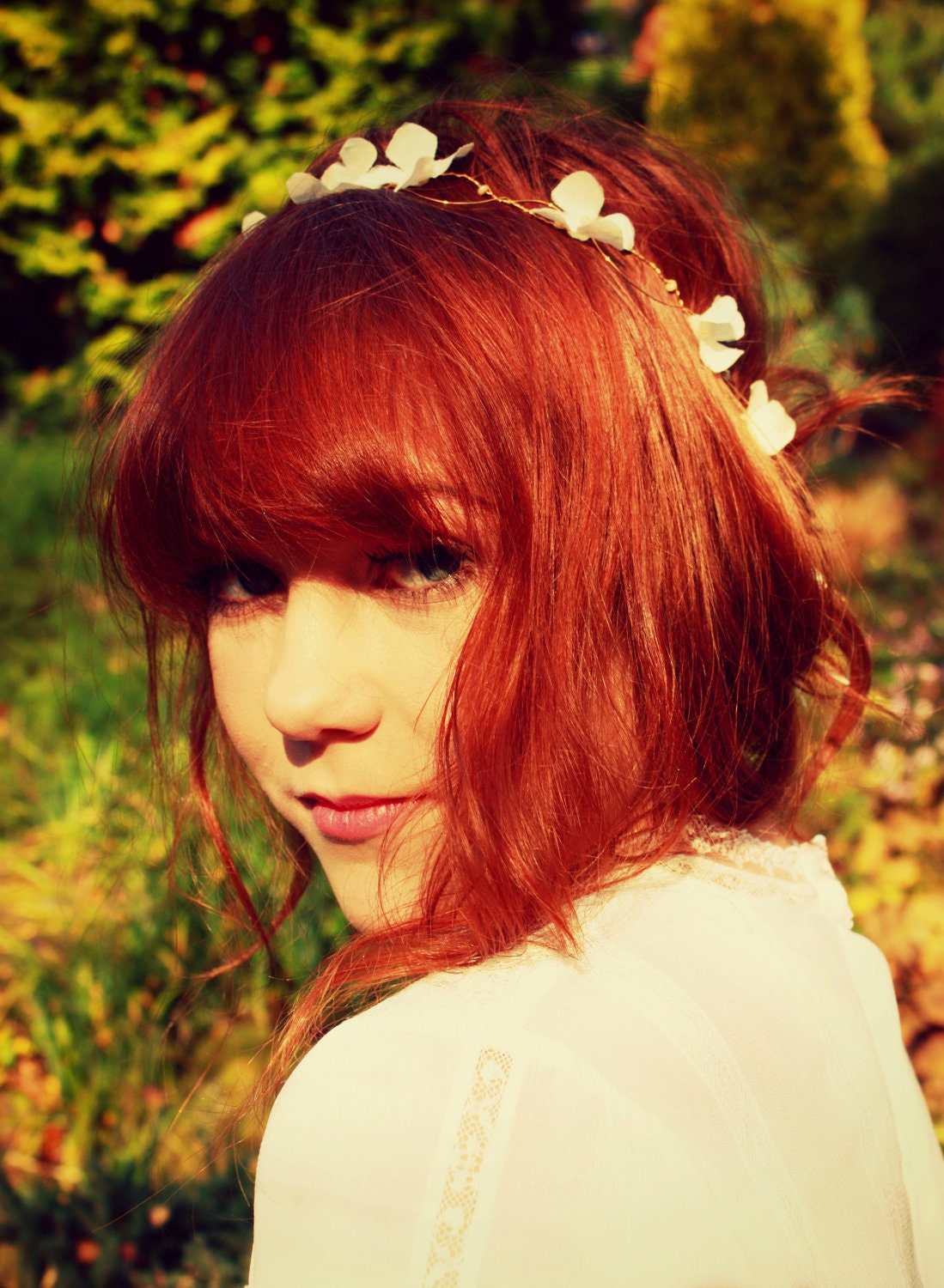 Floral halo, Bridal accessories, white silk flowers, handmade with pearl accents.