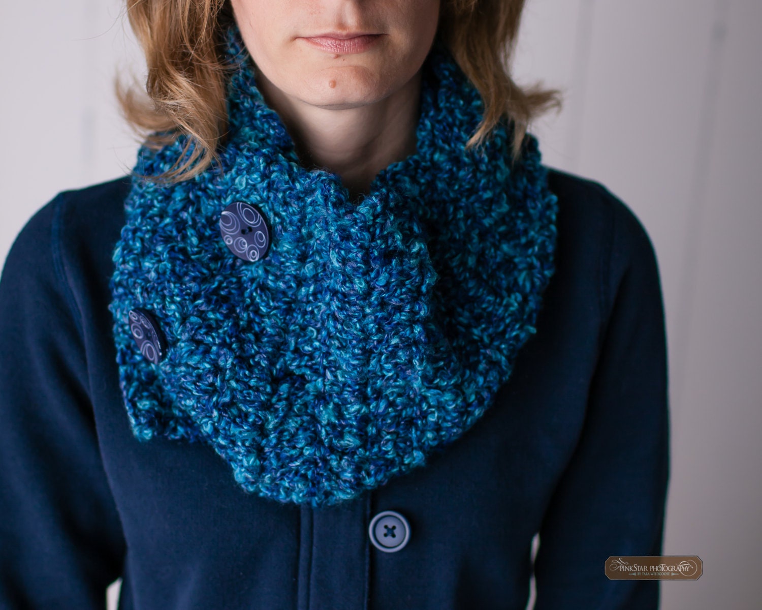 Ocean Blue Pine Tree Scarf with Funky Navy Blue Swirl Buttons for Women or Teenage Girls - Ready to Ship