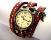 Stitched WrapWatch - working bronze wrist watch, antique style, stitched real leather bracelet and leaf charm