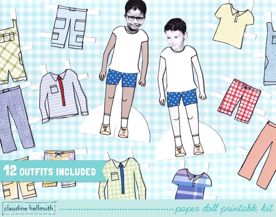 LITTLE BOY paper doll set - easy for you to customize with your own photos - printable PDF -  instant download