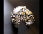 Peacock OOAK Asymmetrical Cuff Turquoise, Yellow, Purple & Silver Bead Embroidery, Beaded