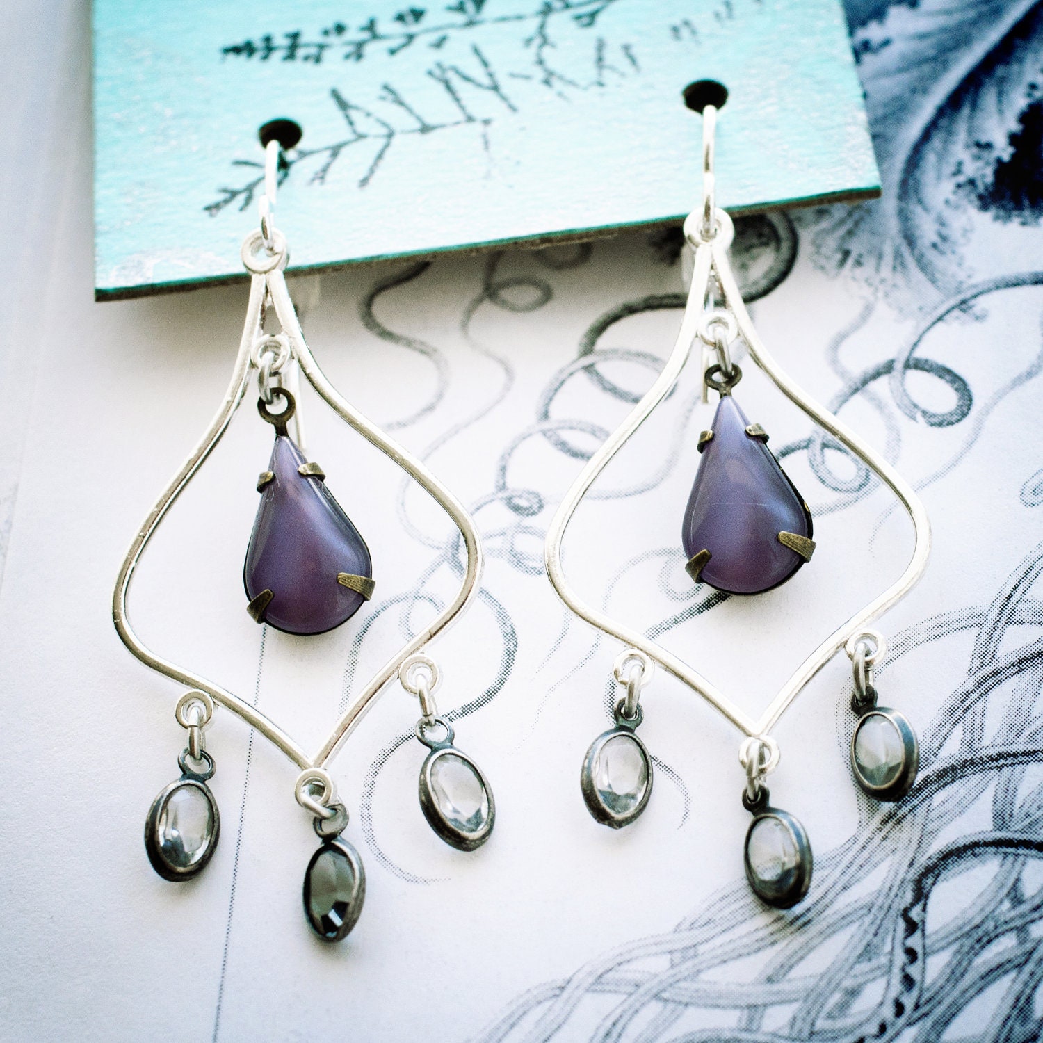 purple rain moroccan chandelier earrings with vintage glass teardrops