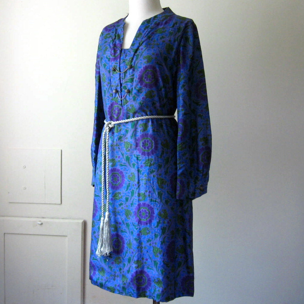 India Silk Dress Vintage 60s 70s Blue Green Purple Floral Dress