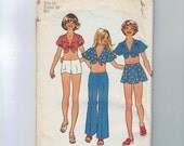 1970s Vintage Sewing Pattern Simplicity 6911 Midriff Tie Top Hip Hugger Shorts Wide Leg Pants Pleated Skirt Size 14 Bust 32 1975 70s UNCUT