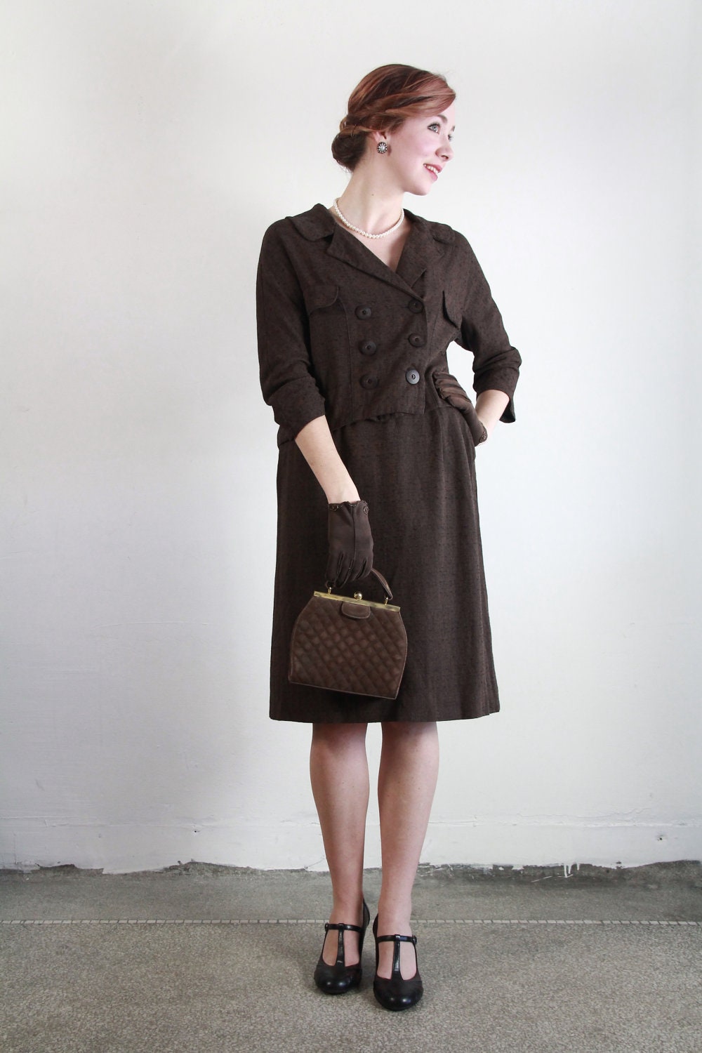1950s 2 Piece Suit . Vintage Wool Top and Skirt . Brown Slubbed Cotton . Mid Century