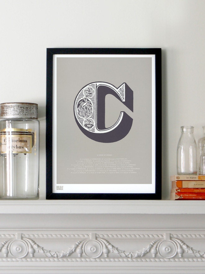 Illustrated Letter C in Putty/Charcoal - decorative screen print