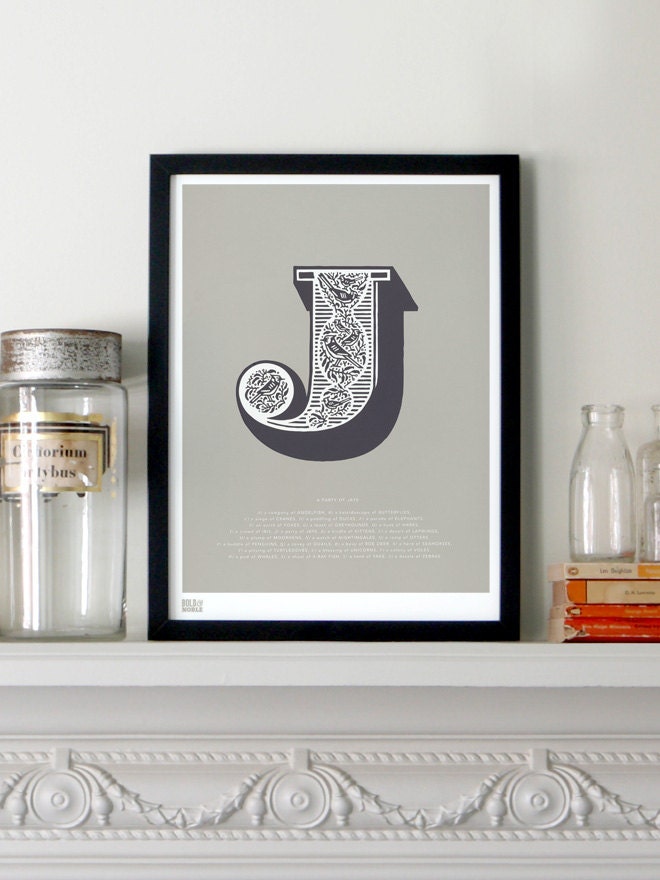Illustrated Letter J in Putty/Charcoal - decorative screen print