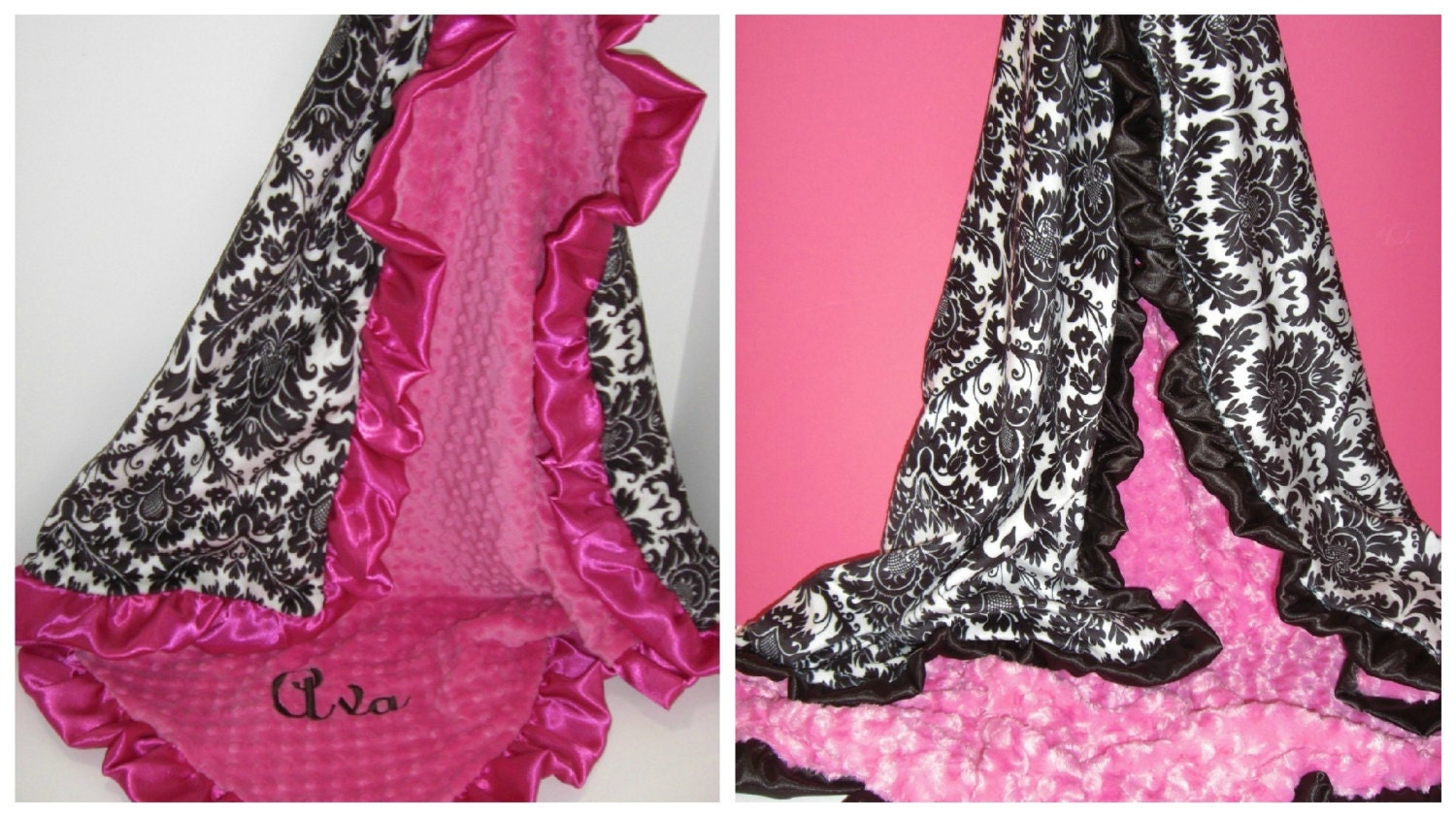 Fuchsia Pink and Black Damask Minky Baby Blanket Personalized