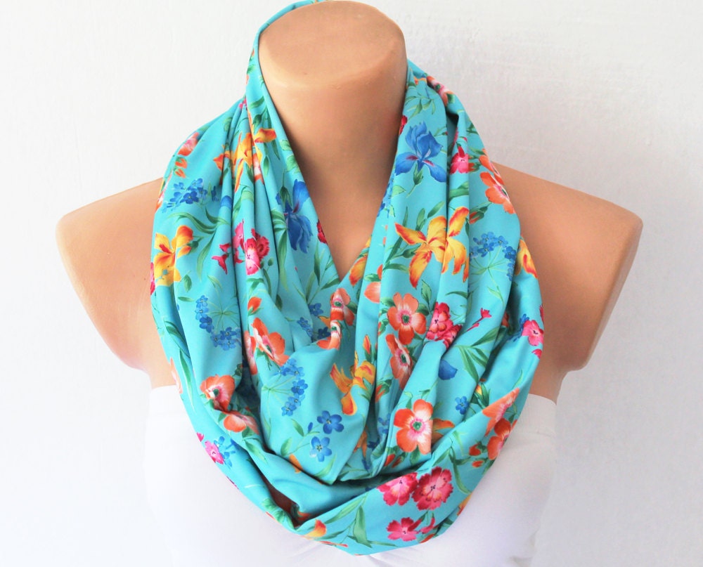 Teal Blue Infinity Scarf Loop Scarf Circle Scarf Cowl Scarf Soft and Lightweight Flower Garden Floral Print