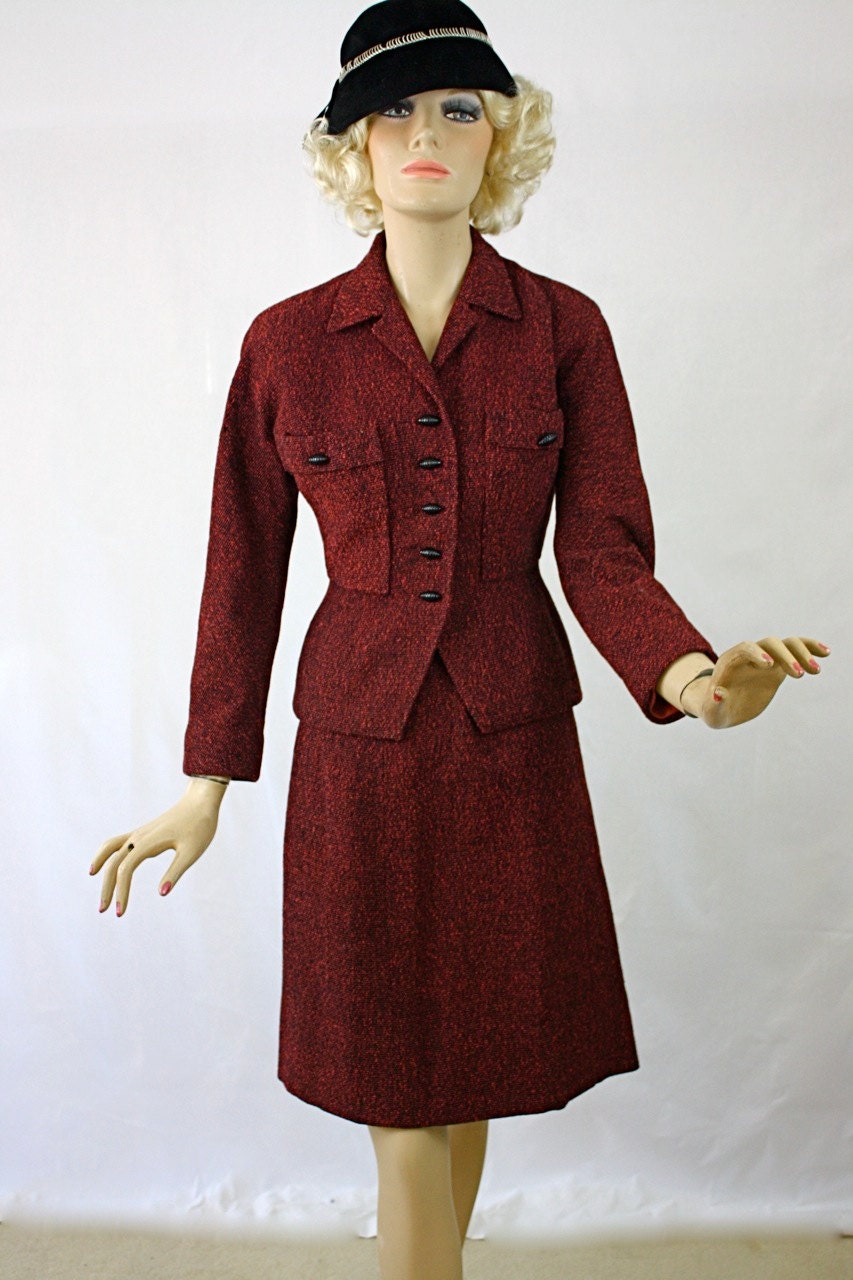 Vintage 40s Wool Suit Red  Black Tweed Fitted Jacket  Skirt