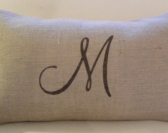 Burlap monogram initial pillow cover with chocolate brown bobble trim