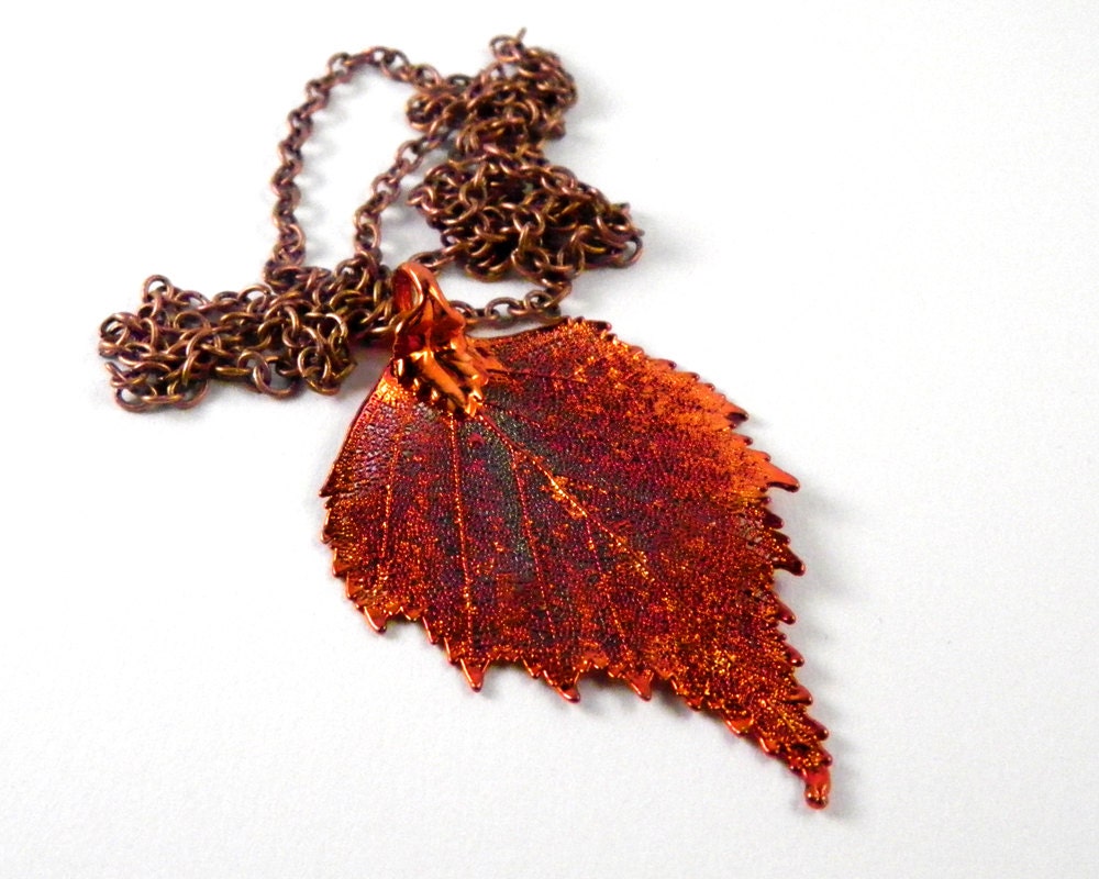 Copper Birch Leaf Pendant on Long Chain