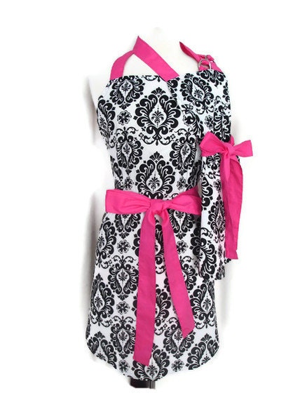 Mommy and Me Matching Apron Set for Women and Children - Mother Daughter Black and White Damask Apron with Hot Pink Ties