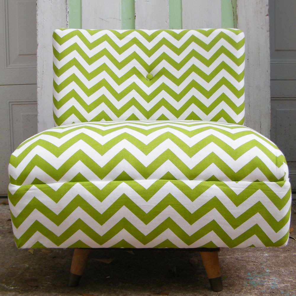 Upcycled Furniture Mid Century Swivel Chair in Green and White Chevron Fabric