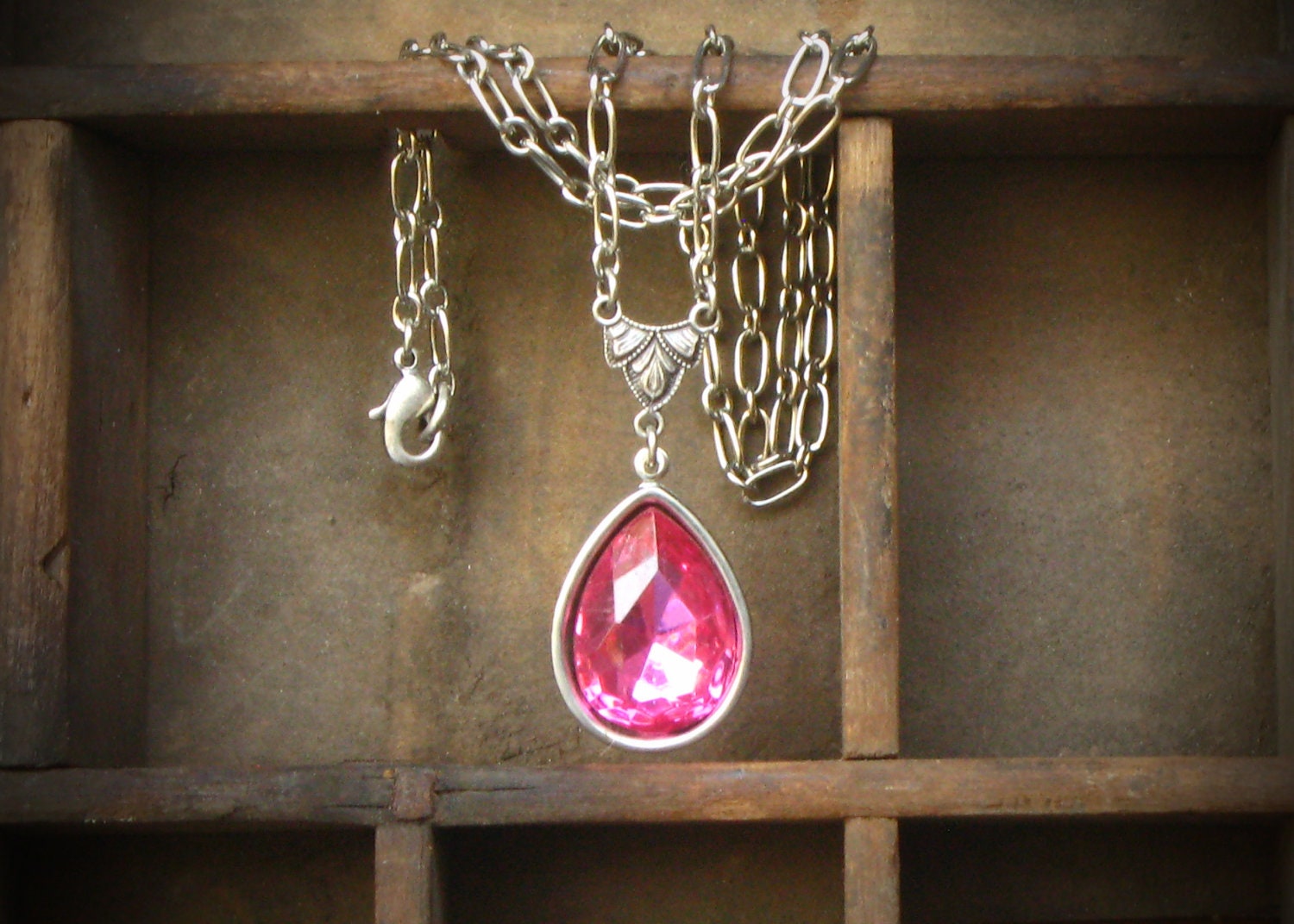 Pink Rhinestone Necklace, Rose, Pear, Art Deco, Teardrop