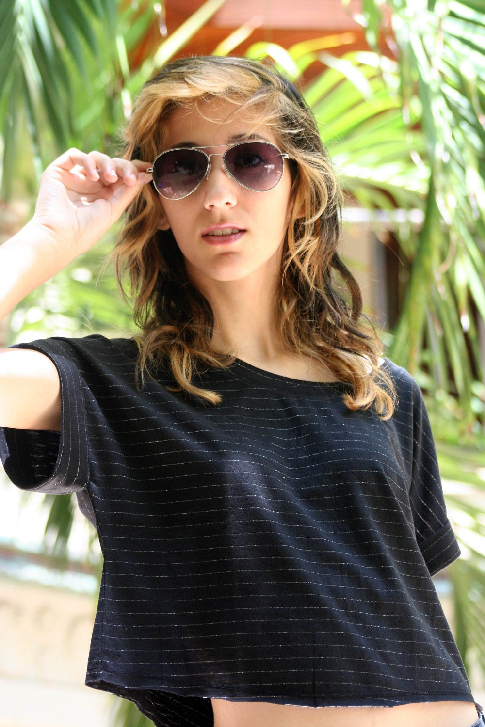 SALE - Silver Pin strip black crop top off the shoulder summer casual cute