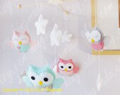 Baby Mobile - Owl Mobile - Nursery Mobile - Soft Pink Gray Turquoise Owls in a White starry night (You can pick your colors)