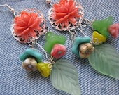 Coral Flower Earrings with Silver -  Smaller Flower Dangles