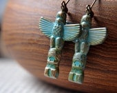 Patina Brass Totem Pole Earrings - Antique Brass Lever Backs - Native - Tribal