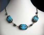 Turquoise Stone Necklace, Large Oval Beads, Victorian Style, Accented with Antiqued Brass, Blue