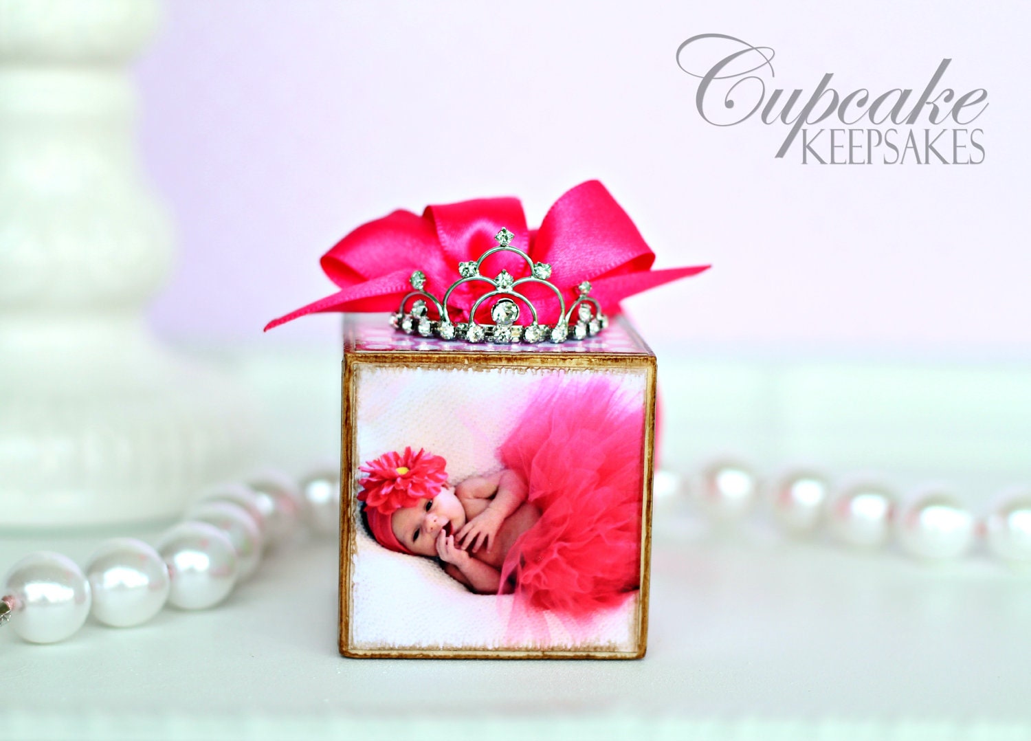 Personalized Pink Green Princess and the Frog Tiara Birth Announcement Photo Baby Block Ornament Shower Gift Girl Nursery Decor