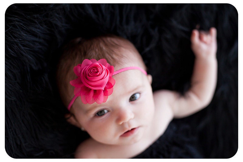 Shocking Pink Flower Baby Headband - Petite Chiffon Rose - Little Rose Newborn Infant Headband for Babies Girls Headbands