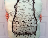 Silkscreen Mint Green Pillow with Original Artwork - Screenprint Plush Monster Doll
