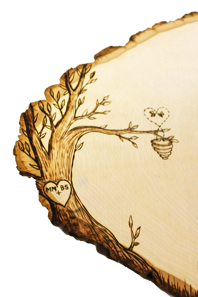 Bee Hive Design: Wood slice rustic theme wedding guest books. Personalized