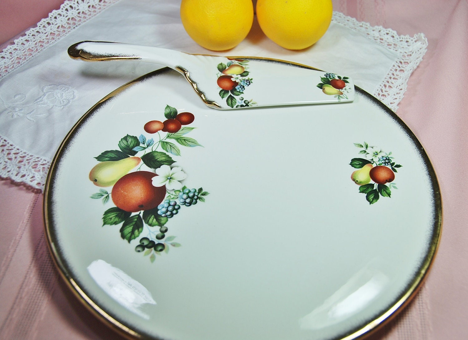 H. Aynsley & Co. Ironstone Cake Plate and Server, Fruit and Gilt, England