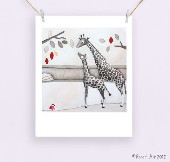Long Lunch Giraffe - African Animal 8x10" / A4 Fine Art Print. Neutral Colours . Giraffe and Baby .