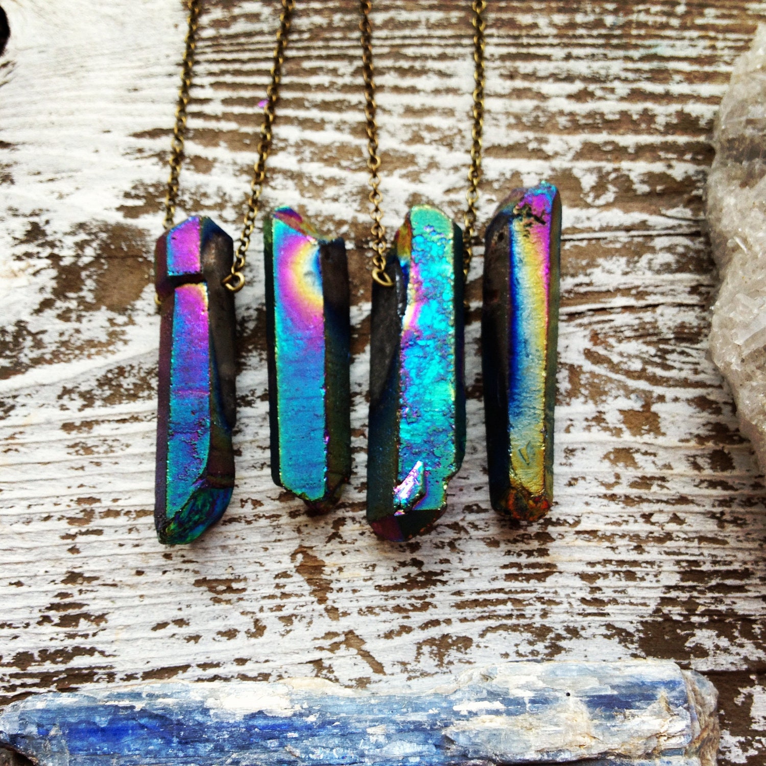 RAINBOW BRITE / Raw Crystal Layering Necklace - Rough Druzy Quartz - Metallic Rainbow Titanium Cobalt Blue Flame Aura - Astral
