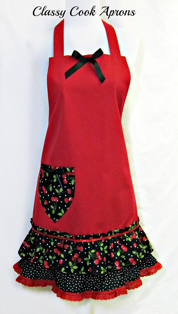 Apron RED & BLACK, Life Is Just a Bowl of CHERRIES, Polka Dot, Designer Hostess Kitchen Gift