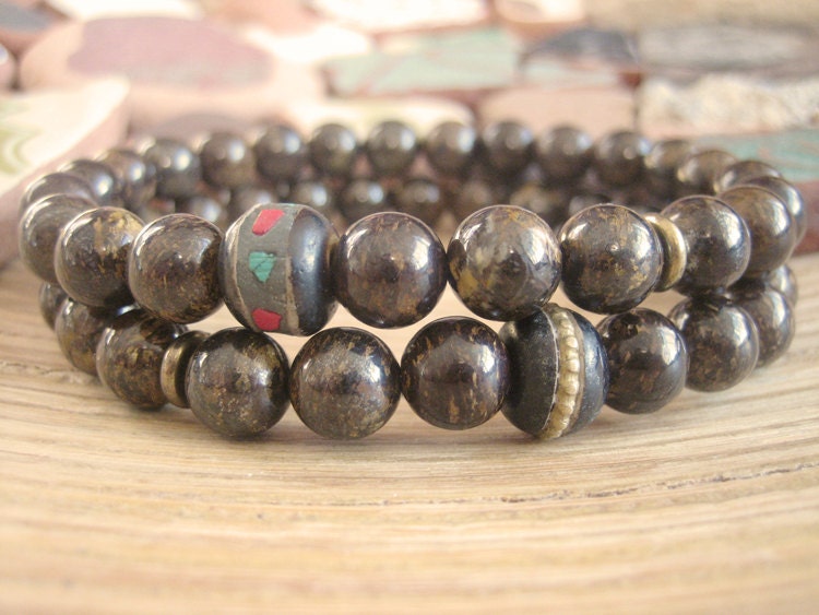 Mens Bracelet Set - Pair of 2 Mens Beaded Bracelets, Bronzite with Tibetan Mala Beads, Brown Stone Bracelet Stack, Mens Gift