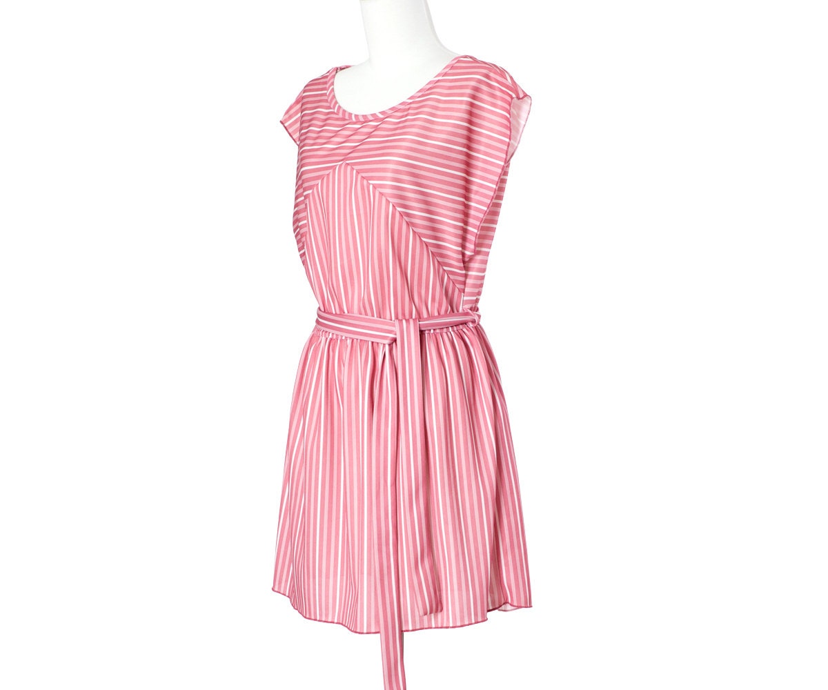 70s Vintage Mini Dress Pink Stripes Belt Medium Large