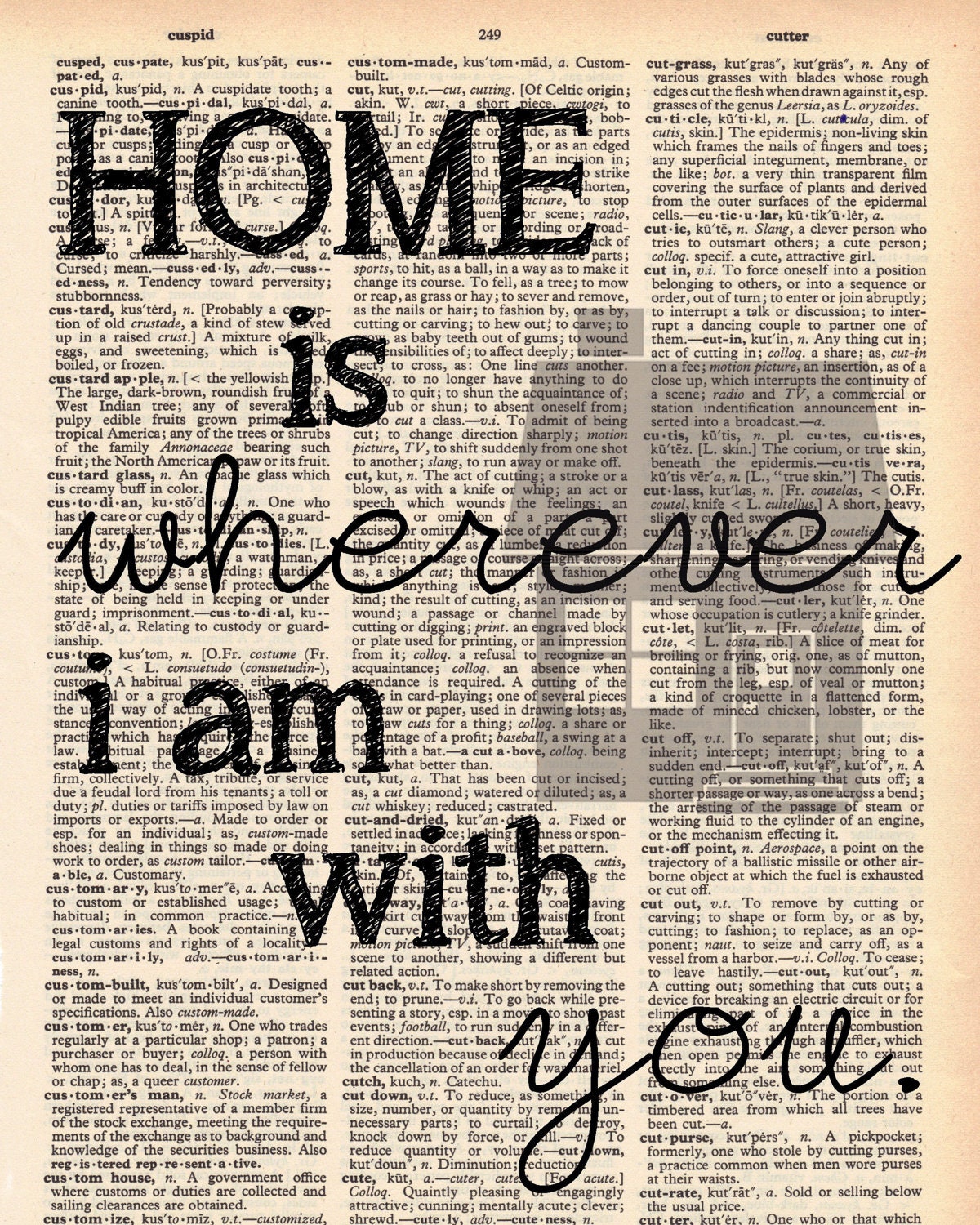 Home is...- Vintage Dictionary print Home is wherever i am with you- plus FREE 5x7 monogram