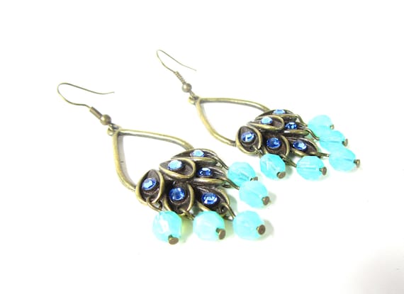 Mint Chandelier Earrings, Emerald Green, Peacock, Swarovski Crystal, Gift For Her