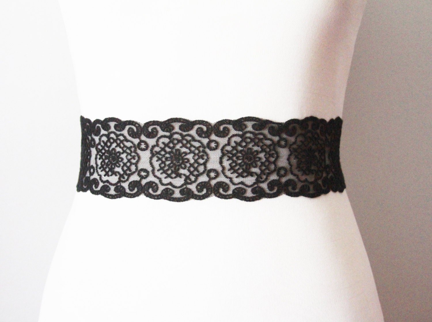 Bridal Couture - Black Lace Flower Ribbon Sash Belt - Wedding Dress Sashes Belts
