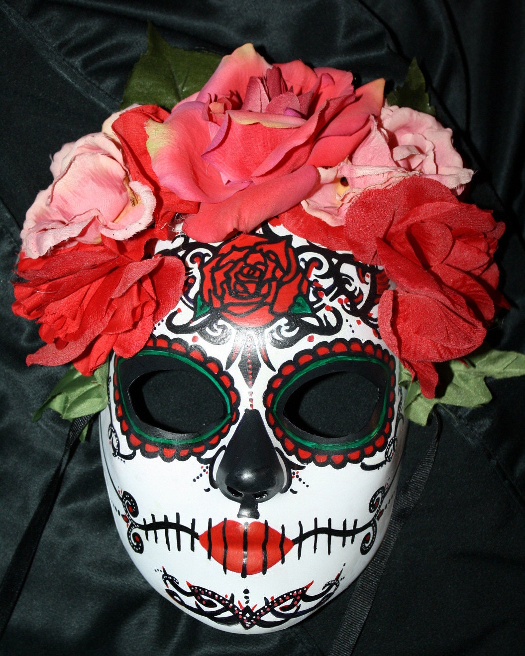 Red Roses Sugar Skull Mask for Day of the Dead with Flower Crown