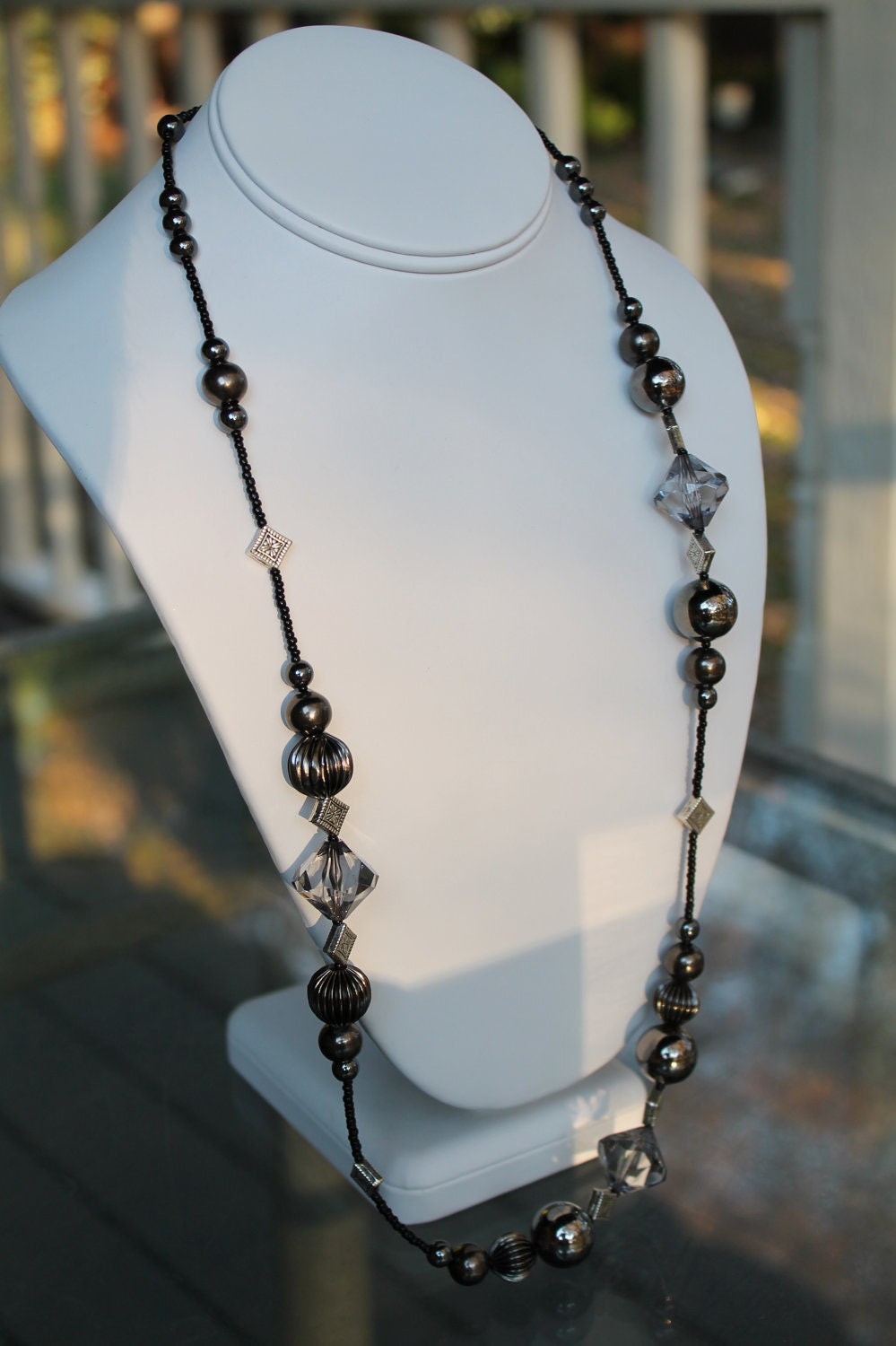 Kusu - Extra Long Shimmery Black Necklace - Statement Necklace (Modern, Classic, Preppy) Free Shipping, Free Gift Box