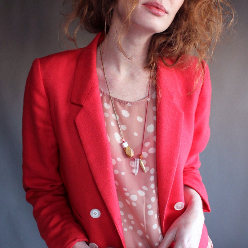Oxblood Red Crystal Point Necklace / geometric jewelry / long mixed-media gemstone, wood, brass, snake chain & silk talisman