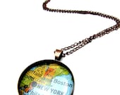Map necklace, upcycled map of New York on delicate bronze chain.