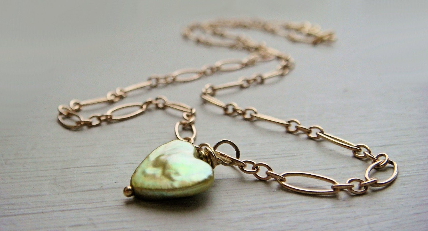 18k Gold Vermiel Figaro Chain Charm Necklace, Cultured Green Biwa Pearl Heart, 14ct Gld Filled Hook Clasp, UK Delivery is FREE