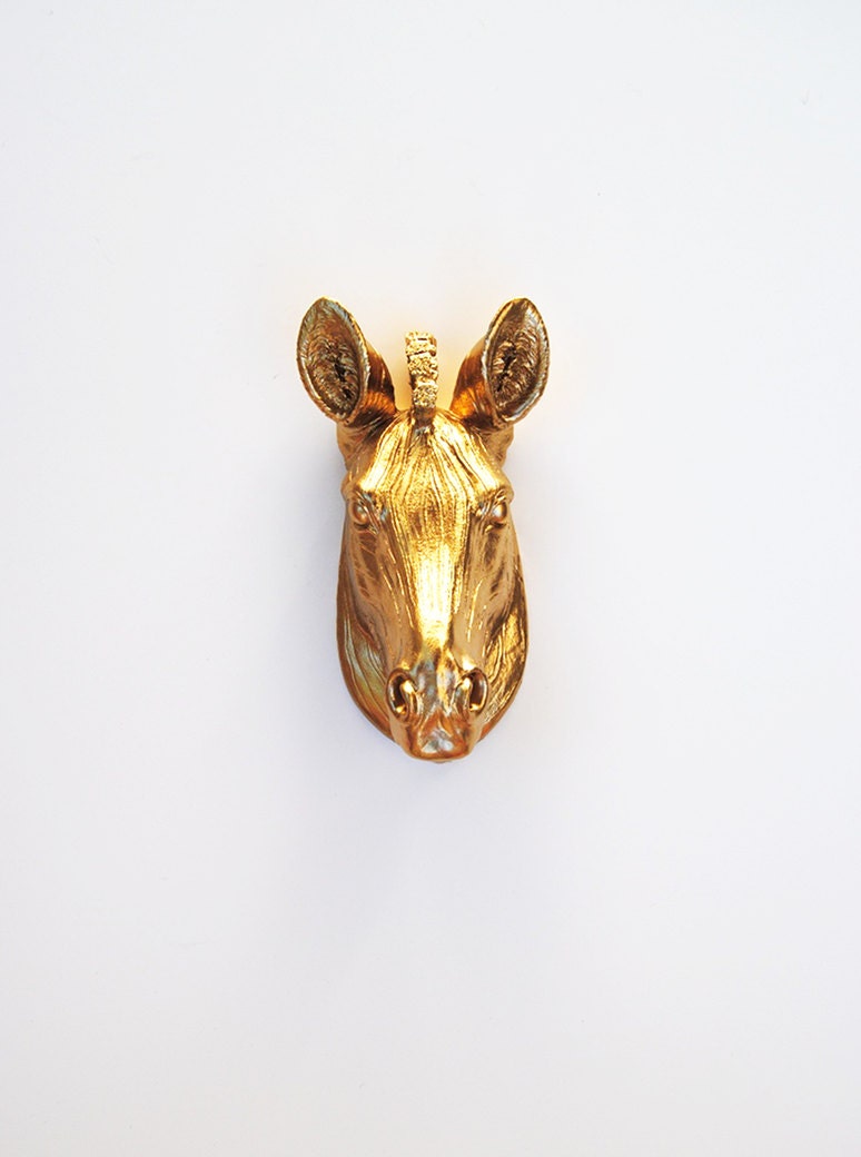 The Pierce - 1 Gold Mini Resin Zebra Head- Resin White Faux Taxidermy- Chic & Trendy