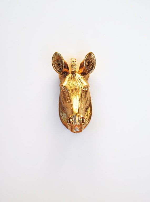The Pierce - 1 Gold Mini Resin Zebra Head- Resin White Faux Taxidermy- Chic & Trendy