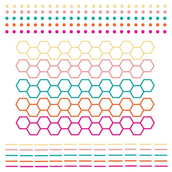 INSTANT DOWNLOAD // Digital Scrapbook Borders // Dots, Hexagons and Lines // Blue, Pink, Yellow, Orange // png files // 300 DPI Il_570xn