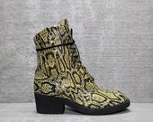 Vtg 90s Snakeskin Patent Leather Platform Combat Chunky Boots 6 1/2 37