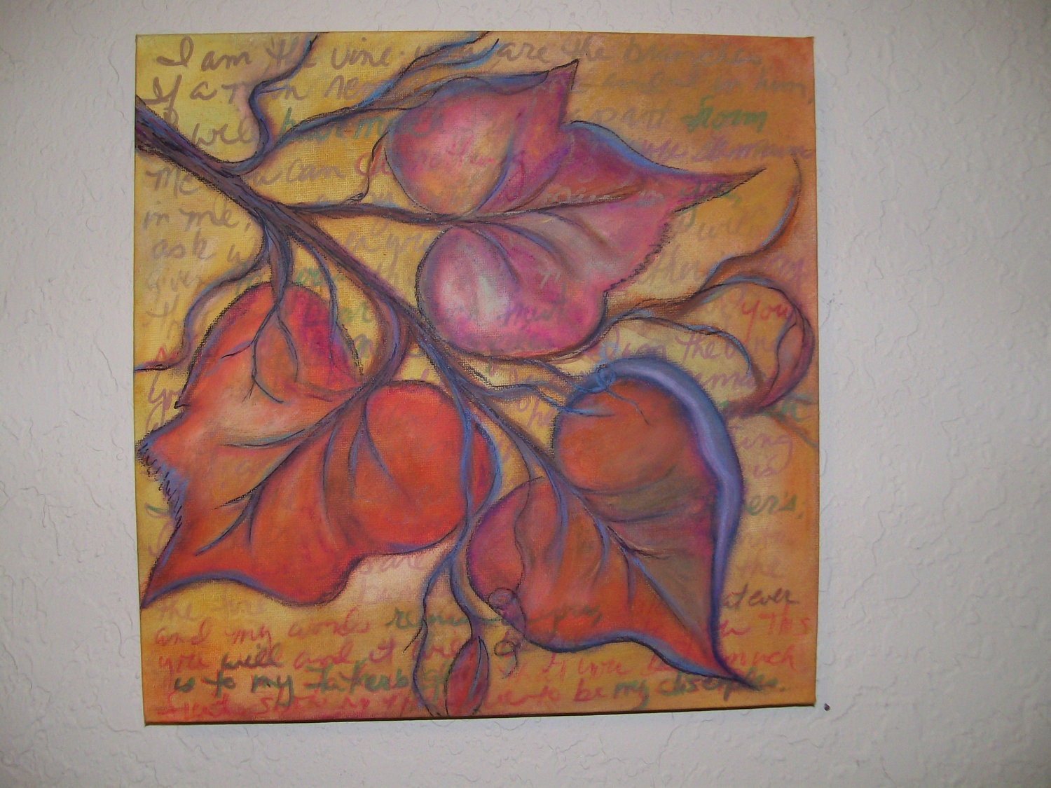 Original Art, Mixed Media Painting, Christian Art, Leaves, Scripture, "I Am the Vine", yellows, orange, blues