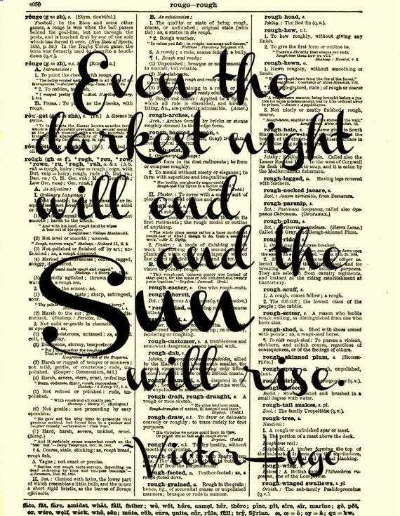 Les Miserables Quote,Even the Darkest Night Will End and the Sun Will Rise, Dictionary Print, Art Print, Dictionary Page, Wall Decor,