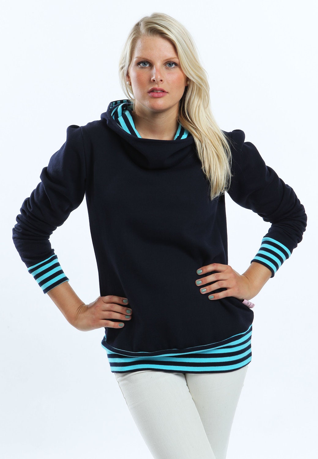 Coast Girl - Hoodie Long Sleeved Sweatshirt Women Navy Blue maritime Pullover with blue and turquoise-striped Details - Size XS - XL