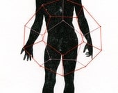 EMBROIDERED PRINT 'Dodecahedron' / hand pulled gocco male figure platonic solids geometry red thread